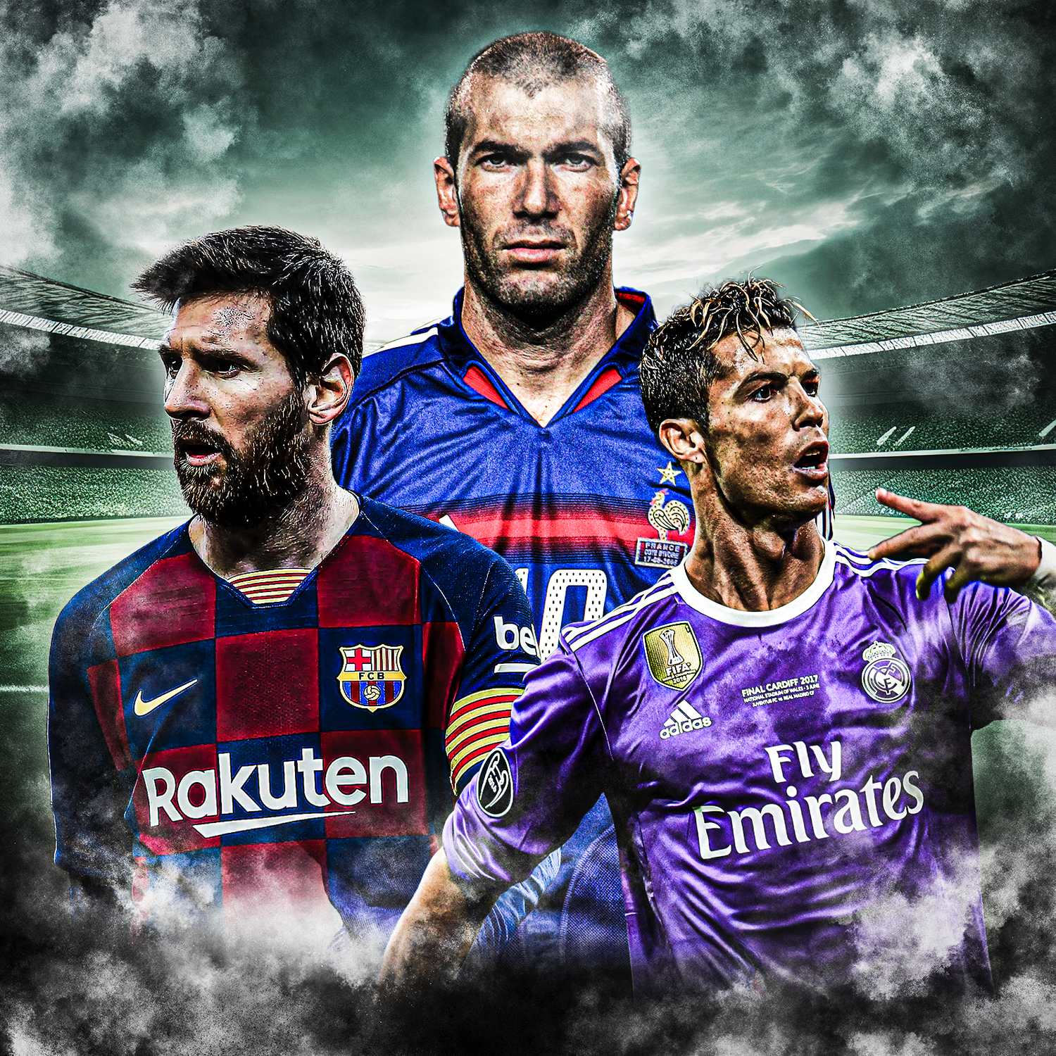 Image représentant les icones du football avec Messi, Ronnaldo et Zidane